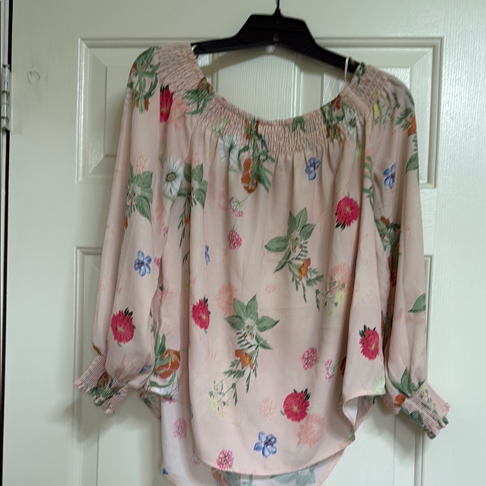 Express Pink Floral Smocked Blouse 3/4 Sleeve